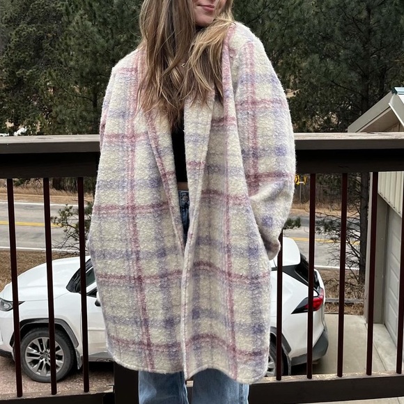 Ava & Viv Pink and Purple Plaid open front Shacket - Picture 3 of 11